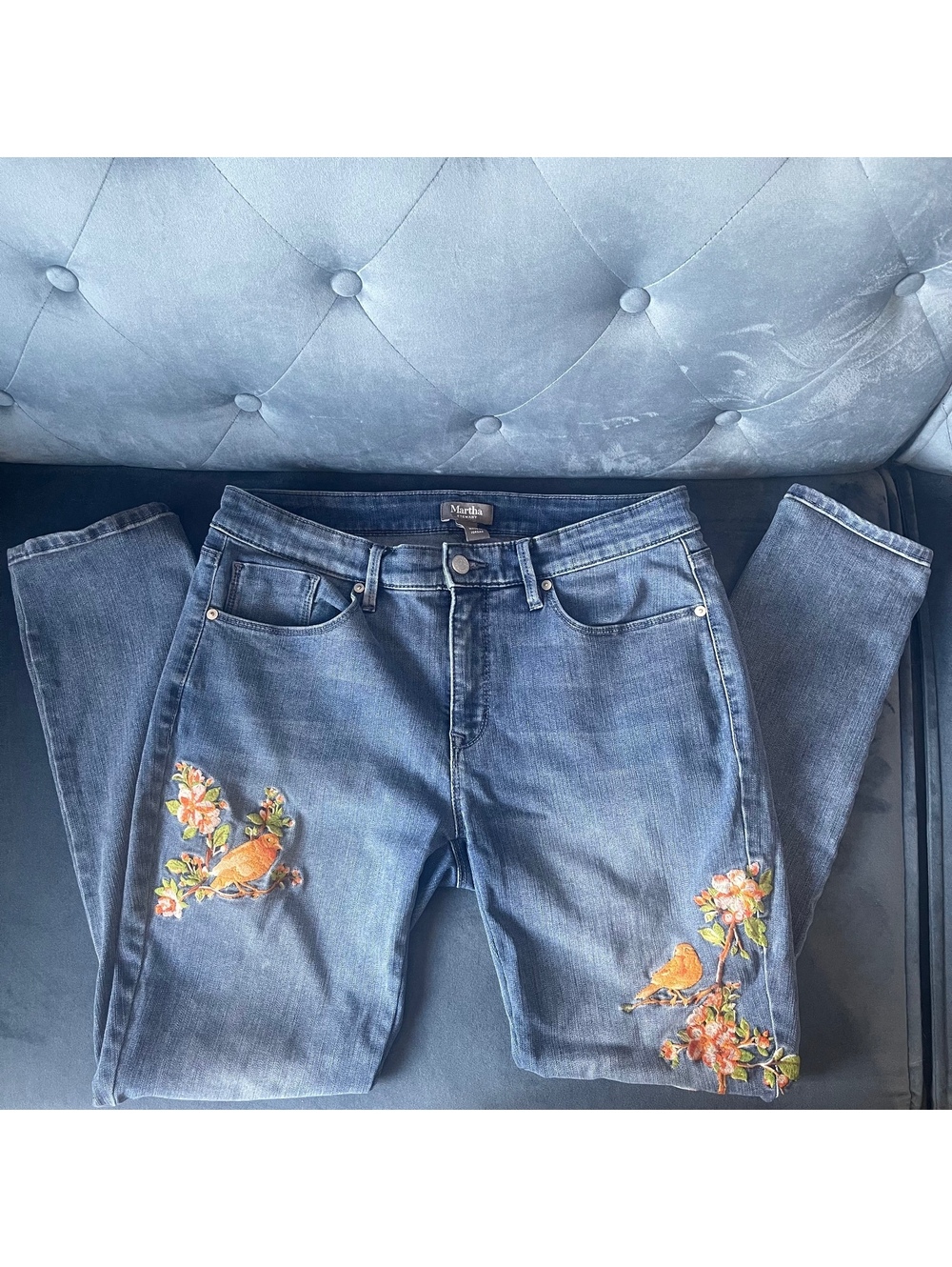Martha Stewart Embroidered Canary Jeans 10 Floral Bird Denim Stretch Straight